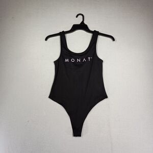 Monat Gear Bodysuit Sz S Logo Print Sleeveless Compression Black Yoga Cheeky New